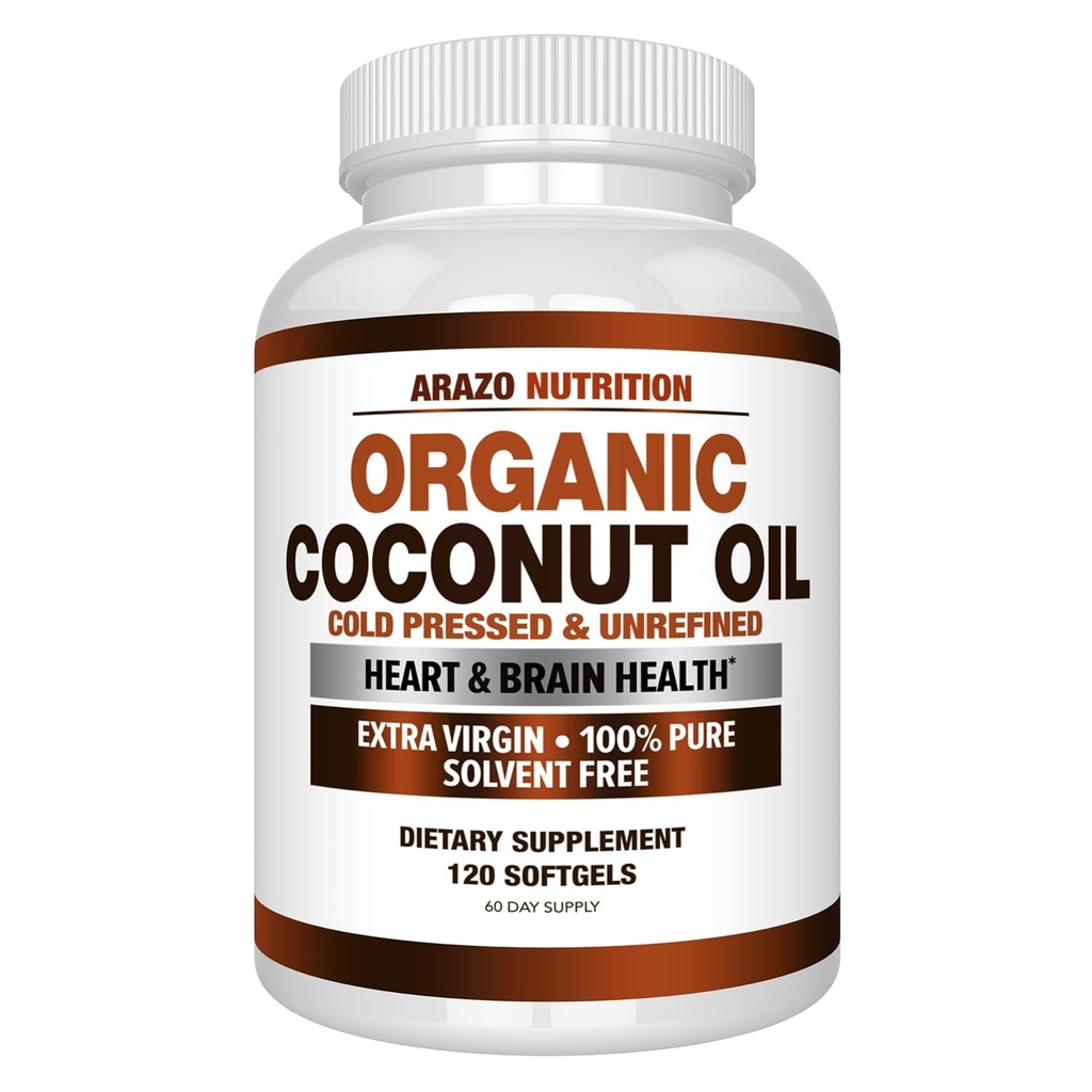 Arazo Nutrition Organic Coconut Ulei 2000 MG - 100% Extra Virgin Nerafinat Rece presat pentru suport greutate, piele, par, unghii - 120 capsule Softgel