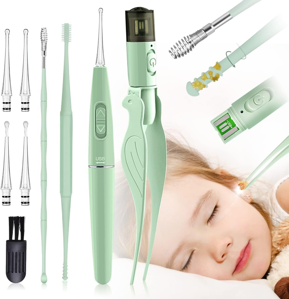 Ureche Instrumente de îndepărtare a urechii,9 Pack Ureche instrument de curăţare a urechii,Ear Pick cu 2 LED-uri,Built-in USB ceara pentru copii şi adulţi
