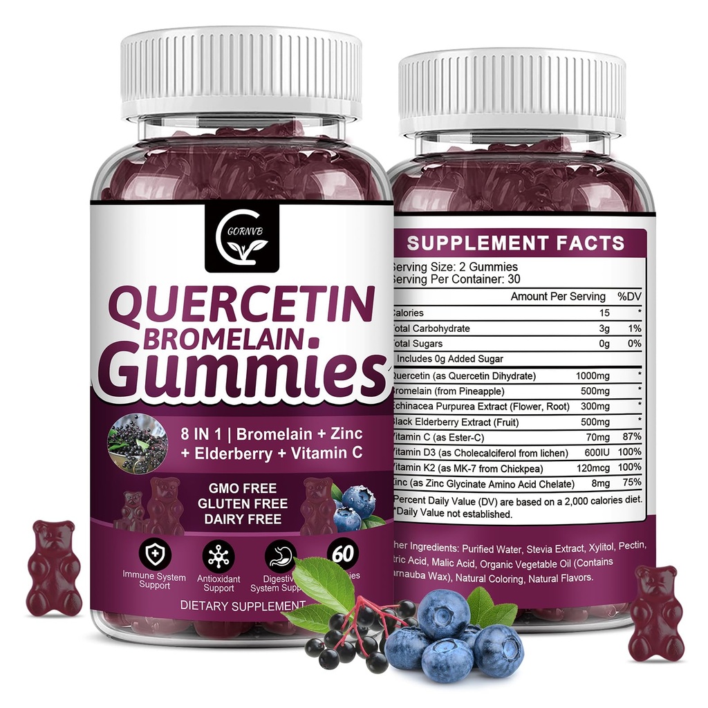 Querbetin Gumies cu Bromelain 2378mg - Amestec cu Elderberry, Echinacea Purpurea Extract, Zinc, Vitamina C,D3,K2, Complex Suporturi imune, cardiovasculare & respiratorii, Vegan Gummy pentru Adult & Kid
