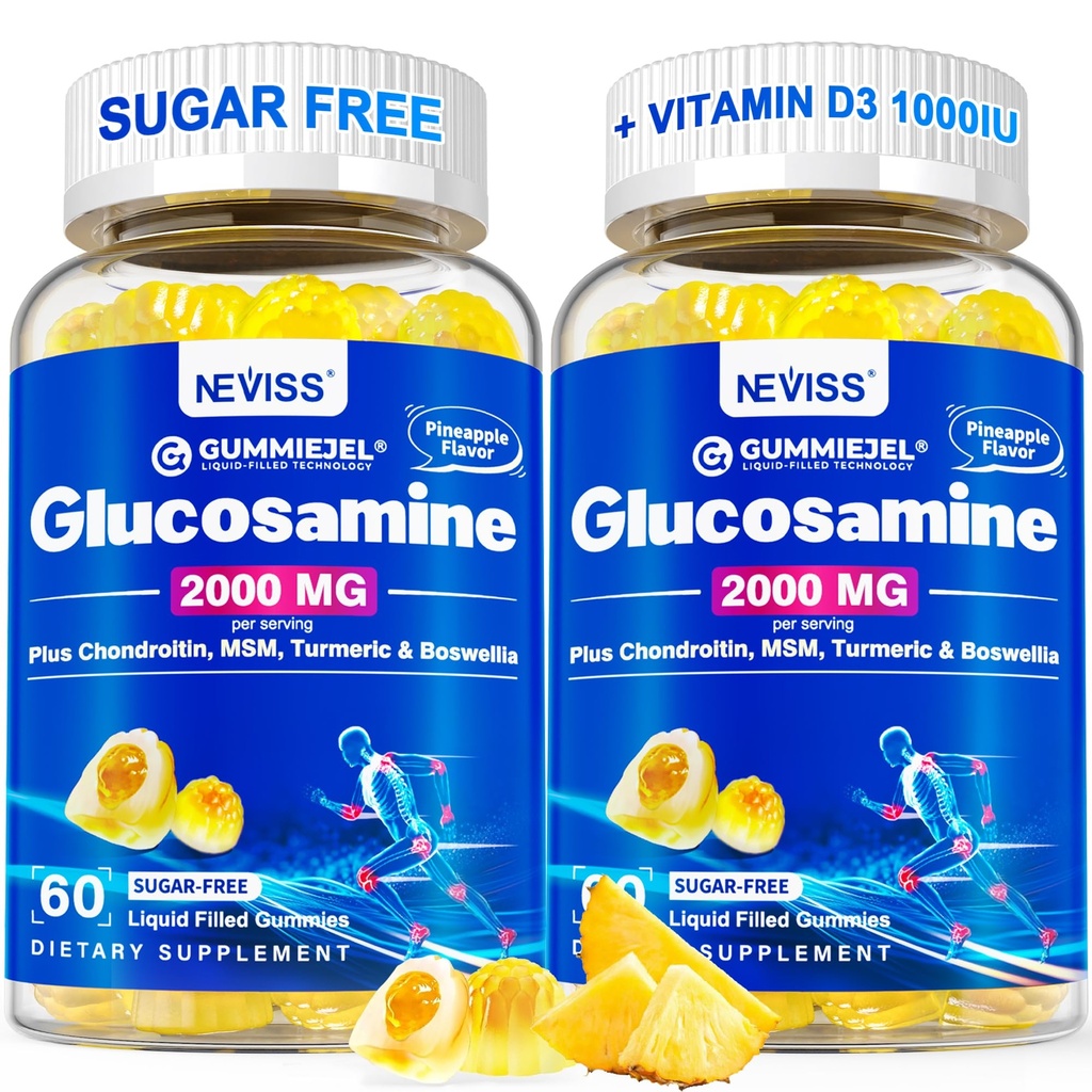 Glucosamine umplute cu zahăr - Glucosamină Supliment Plus Chondroitin, MSM, Turmeric, Boswellia, Acid hialuronic, vitamina D3 & zinc, 120 gume, 60 Serviri