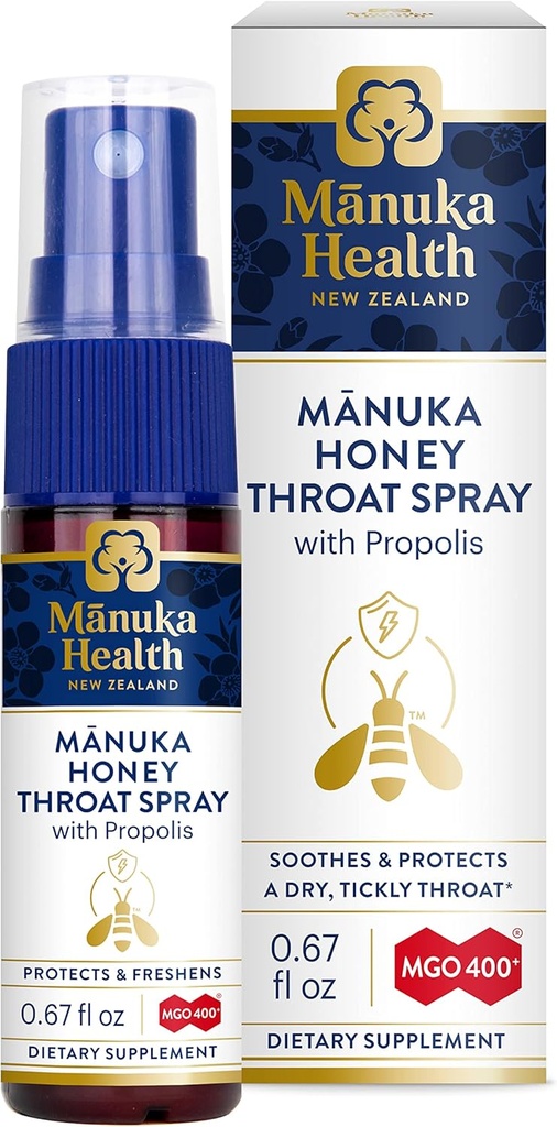 Manuka Health, Manuka Honey Throat Spray cu Propolis.67 fl oz, Protects & Freshens, MGO 400+, BIO30 Noua Zeelandă Propolis
