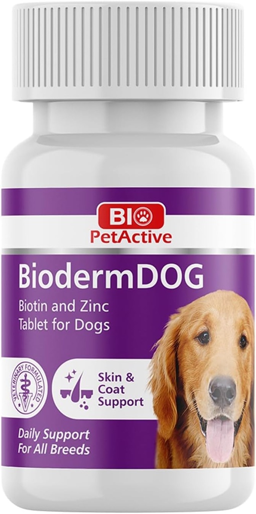 Bio Pet Active BiodermDOG 0,5 Zinc şi Biotin comprimate pentru câini, Sistemul imunitar, Skin, Coat şi Nail Support pentru câini, 1,32 oz, 75 comprimate masticabile