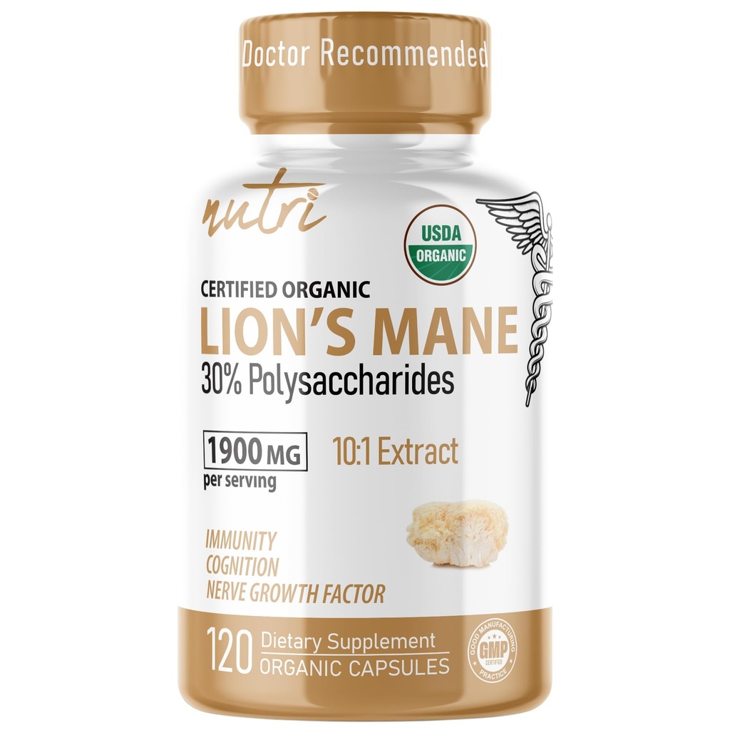 Fusions Nutri Organic Lions Coamă capsule suplimentare - 1900 mg, 10:1 Dual Extraction, 120 Conte - Mushroom Extract (Corpul de frunze) - Terța parte testat