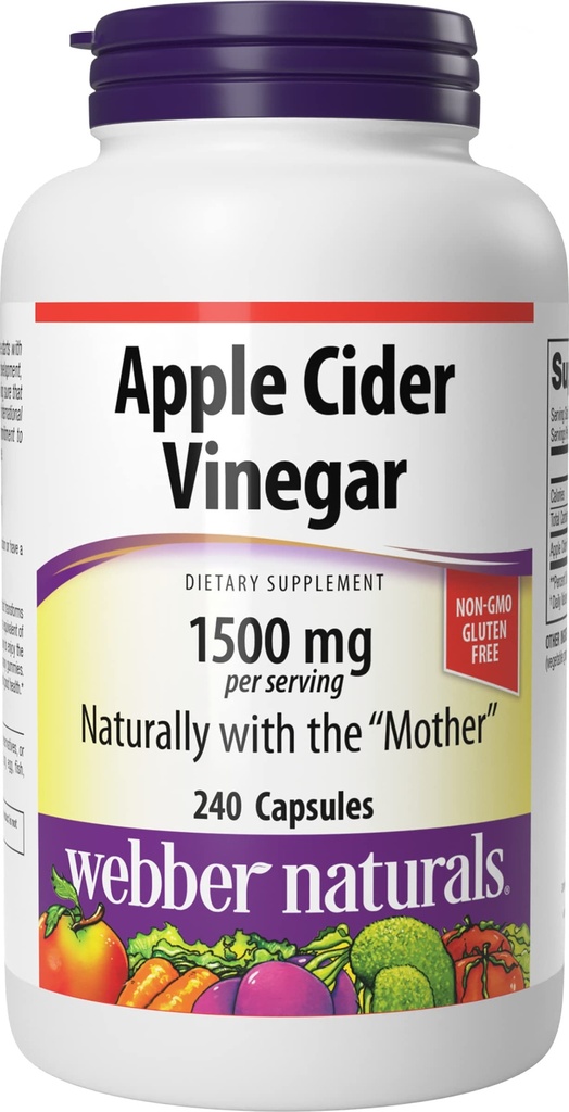 Webber Naturals Apple Cidru Capsule de Oțet cu mama, 1500 mg per Serving, Mare Potență, 240 capsule, Natural Digestion Support, Zahăr, Dairy & Gluten gratuit