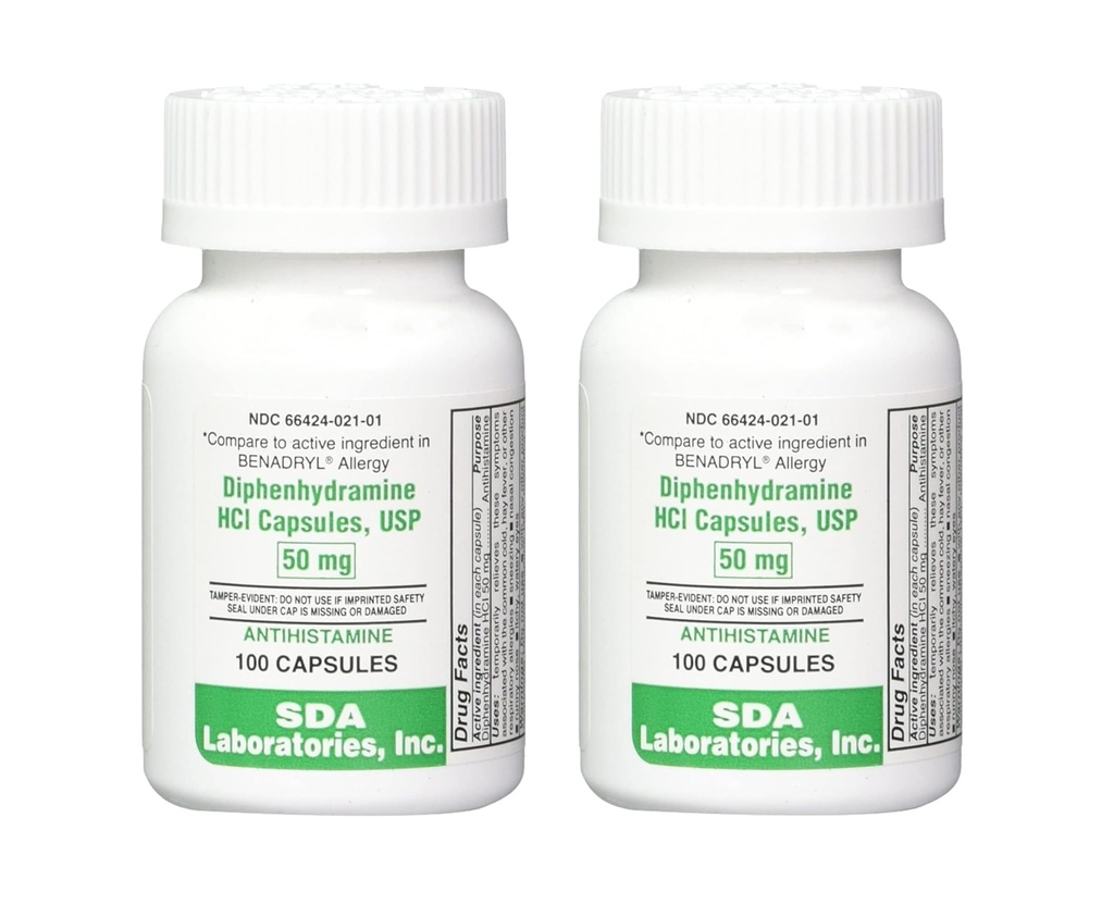 SDA LABORATORIES Difenhidramină 50mg, Alergie Relief, Antihistaminice Capsule, Fast-Action Formula pentru Strănut, Runny nas & Mâncărime ochi 