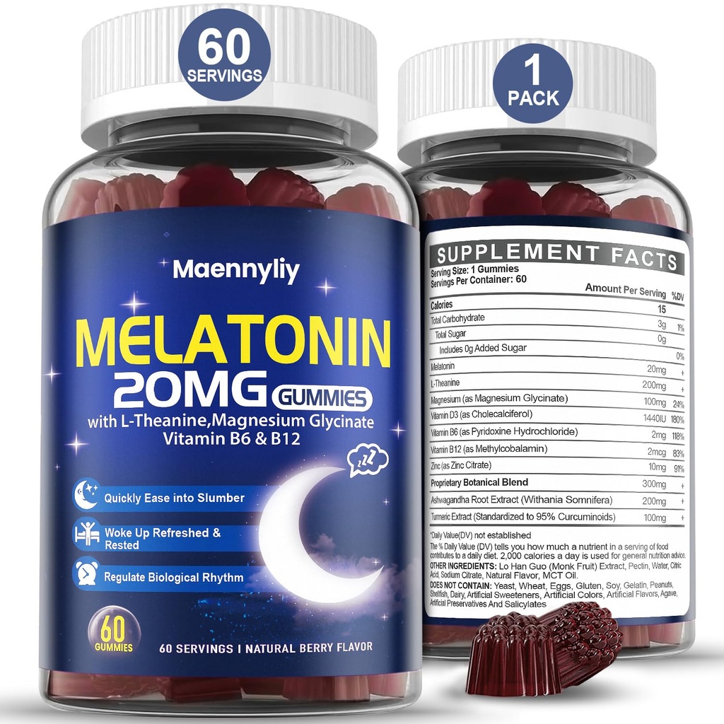 Melatonina 20mg Gummies pentru adulți - Melatonina fără zahăr Gummies Extra Putere cu L-Theanină, Magneziu, Ashwagandha, Turmeric, D3 & Zinc - Non-Habit Forming