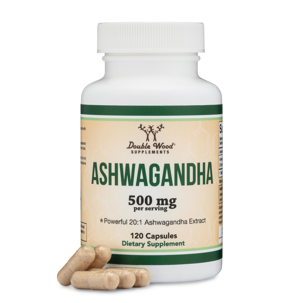 Capsule Ashwagandha, 120 Conte (500mg Extract 20:1 Potenta) Adaptogen Stres Relief de lemn dublu