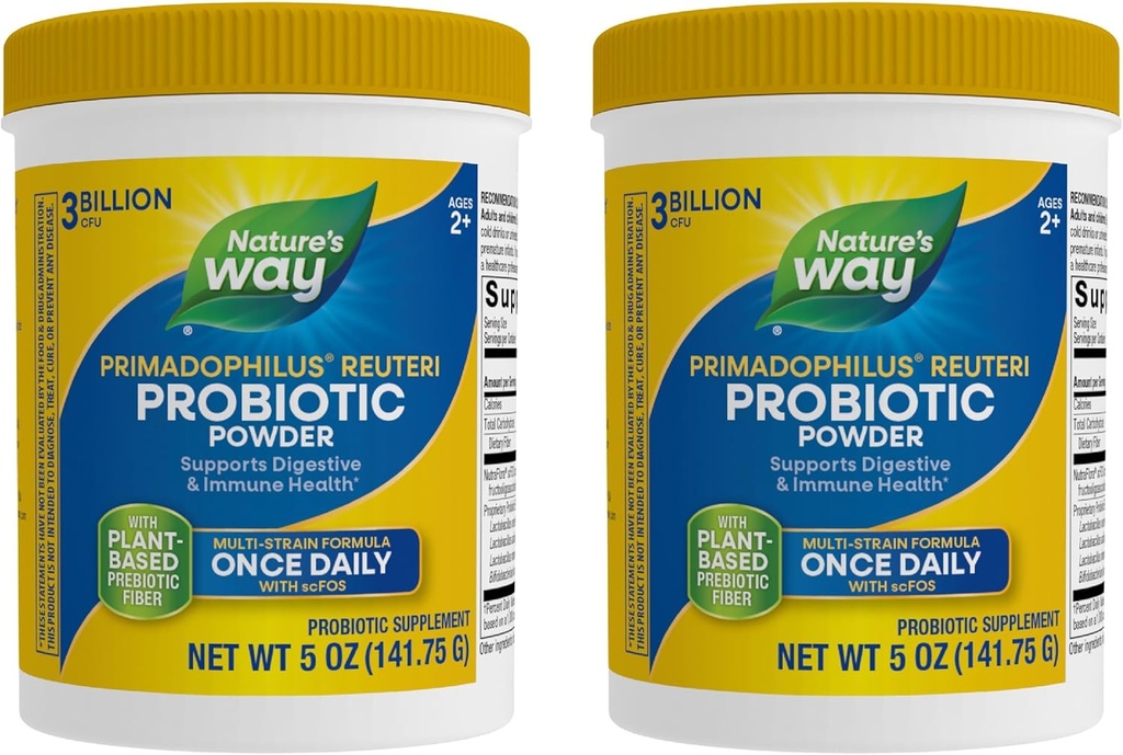 Natura's Way Primadophilus Reuteri Probiotic Powder, Supports Digestive & Immune Health*, Multi-Strain Formula, with Prebiotics, 3 Miliarde Live Cultures, 5 Oz (Packaging May Vary) - 2 Pack