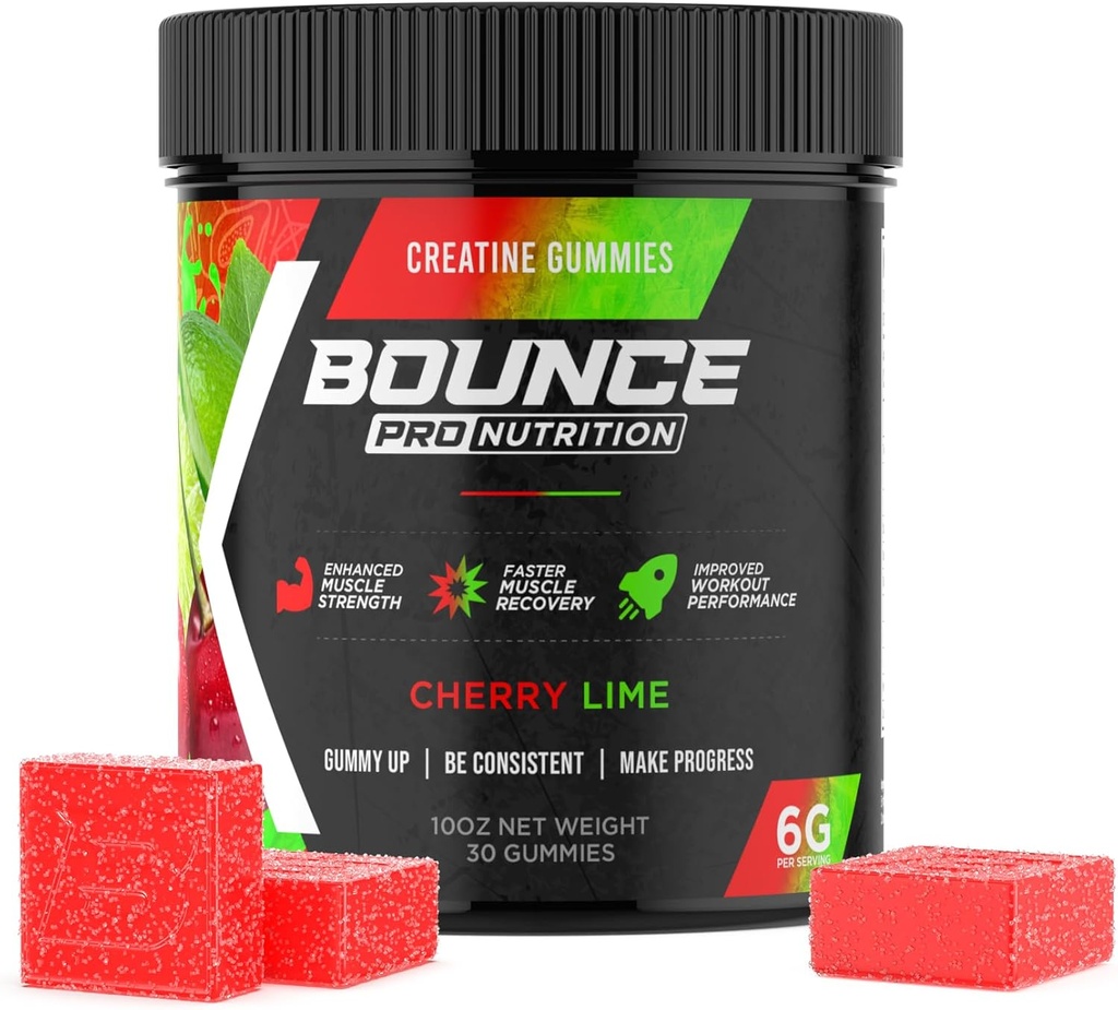 Bounce Pro Creatin Monohidrat Gummies for Men & Women, Low Calorie, 6G of Creatine per Serving, Vegan, Anti-Melting, Gluten-Free, Non-GMO, 2g of Creatine per Gummy (30ct, Cherry Lime)