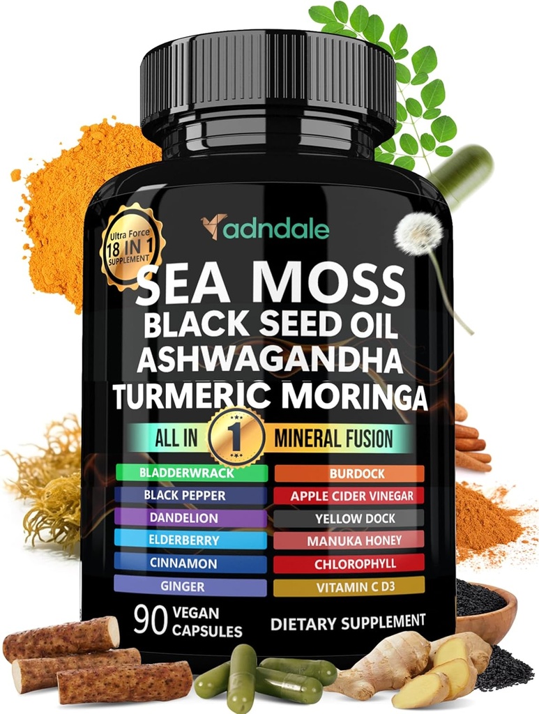 Adndale Sea Moss Black Seed Oil Ashwagandha Ginger Capsule. Capsule SeaMoss cu ulei de semințe negru, Ashwagandha, Turmeric, Moringa, Bladderwrack, Brodock Root, Manuka miere, scorțișoară