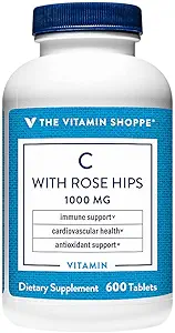 Vitamina Shoppe Vitamina C 1000MG cu trandafir HIPS, antioxidant care susține sănătatea imună și cardiovasculară, Rose HIPS oferă o sursă naturală de vitamina C (300 comprimate)