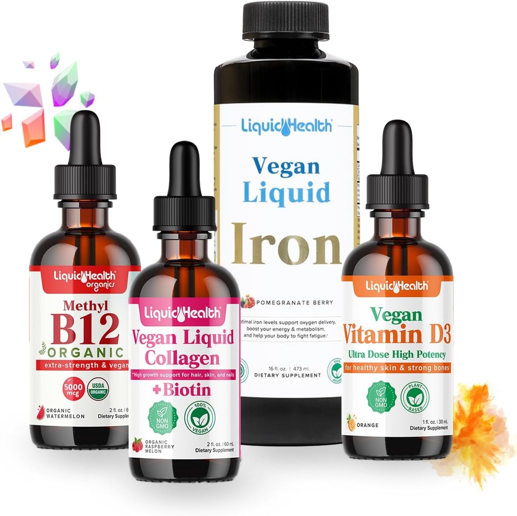 LIQUIDHEALTH Daily Essentials Vitamina Starter Kit cu picături organice de metil B12, Vegan lichid Colagen + Biotin, lichid de fier, vitamina D3 picături - 100% plante-Based Vitamina Suplimente, Made in USA