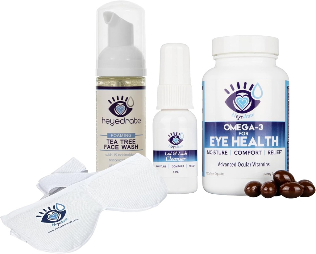 Heyedrate Trigliceride Omega 3 Ulei de pește, Mască de ochi încălzită, Lid și Lash Cleanser Foaming Tea Tree Face Wash Bundle pentru sănătatea ochilor, oferă ajutor pentru ochii iritați
