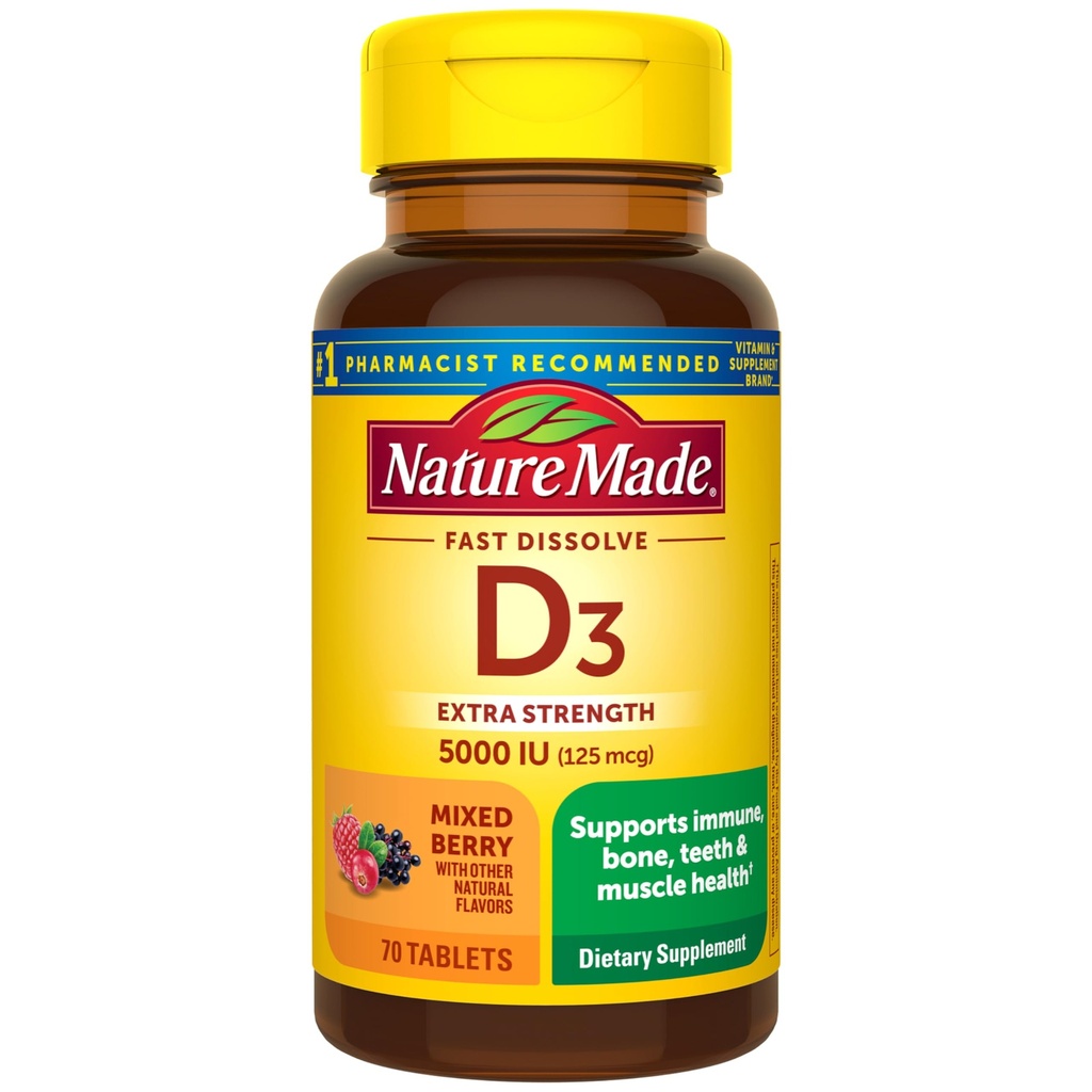 Natural Made Vitamina D3 5000 UI (125 mcg) Extra Forţă, Vitamina D Supliment pentru Suport Imun, 70 Sugar Free Fast Dizolvation Tablets, 70 Day Support