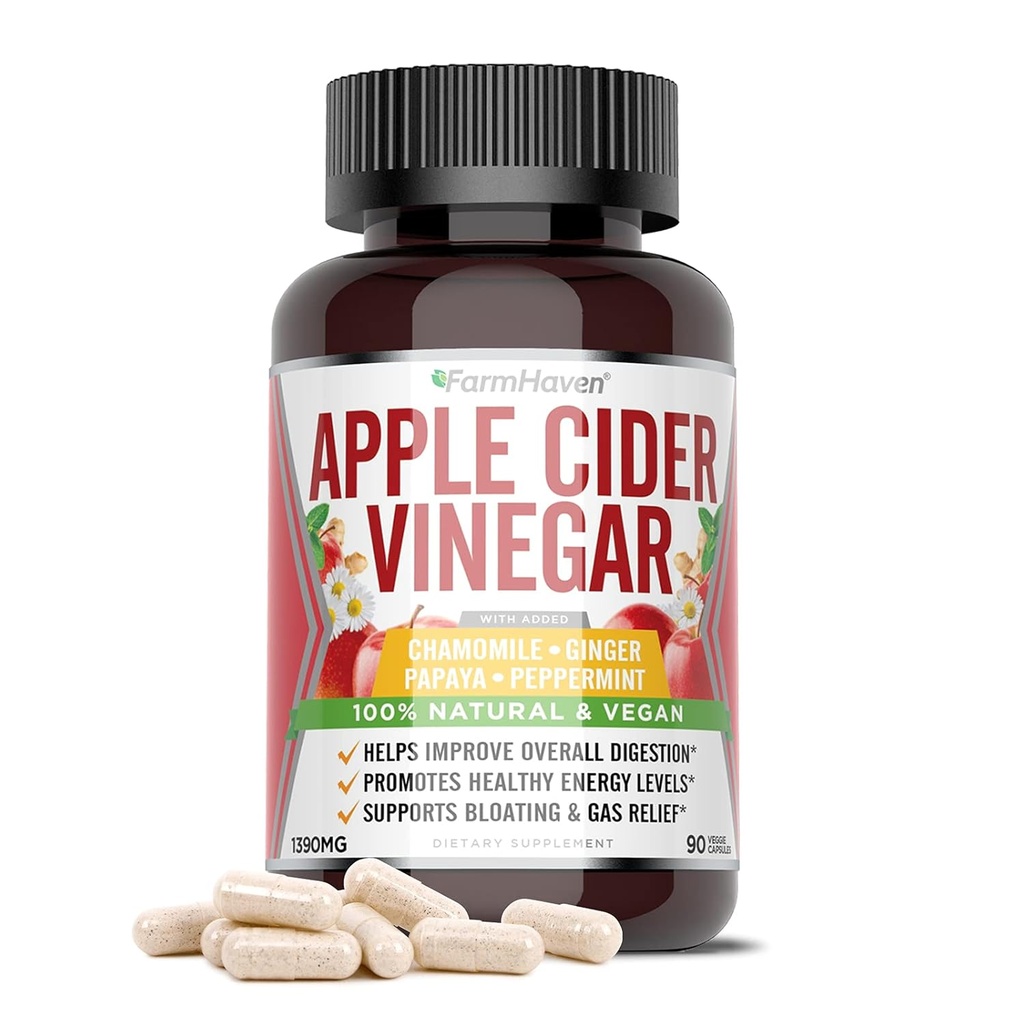 FarmHaven Apple Oţet Capsule de oţet cu mama, capsule ACV cu mama 1390MG, Pastile de cidru de mere Oţet cu ghimbir, Pastile de oţet de mere pentru Digestion sănătos, Comprimate de oţet cu mama