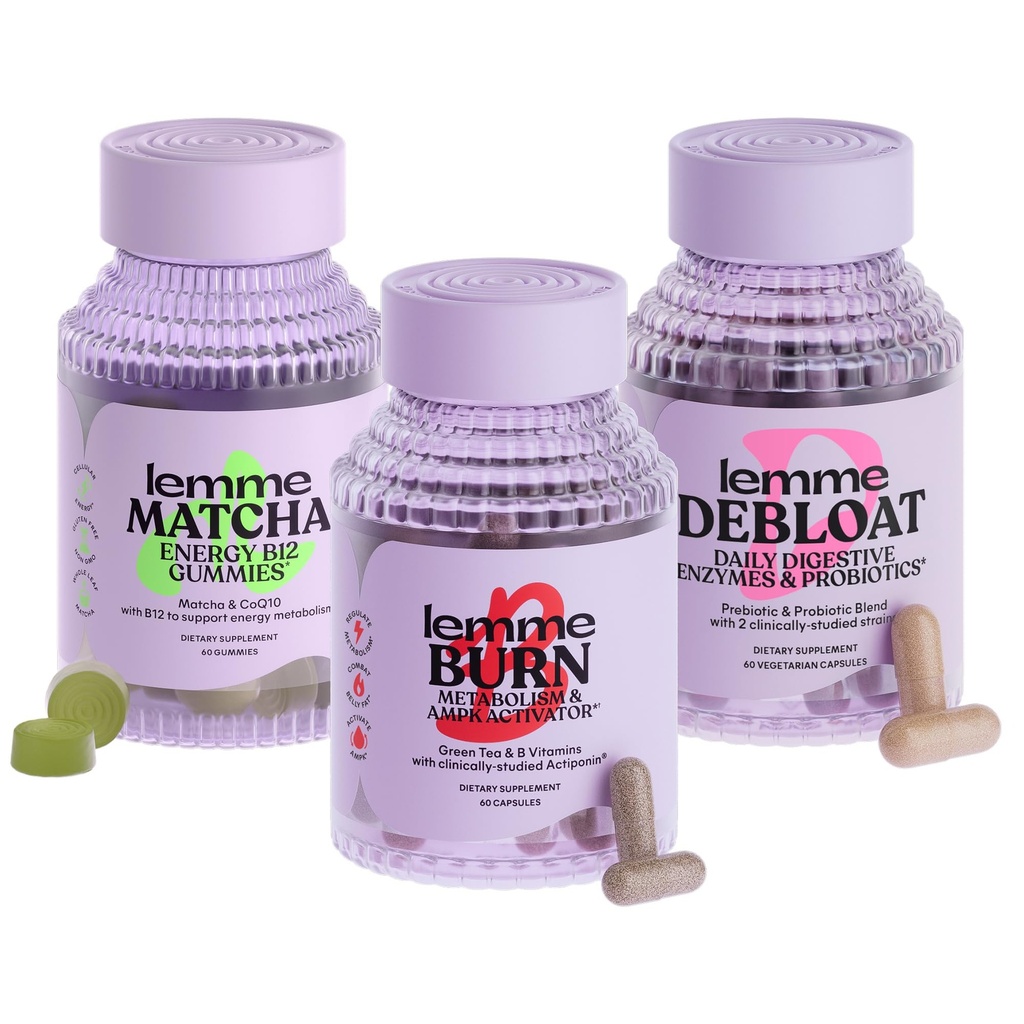 Lemme Burn, Debloat & Matcha Bundle - Capsule cu arsuri metabolice şi de grăsime + Capsule cu eliberare de gaz + Gume energetice B12 - Gluten-Free, Non-GMO - 60 ct. ea