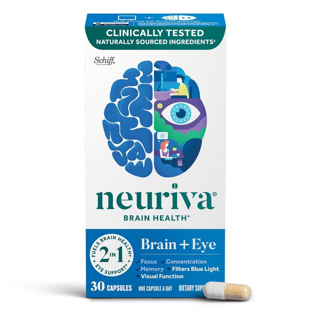 NEURIVA Brain + Ochi Supliment pentru memorie, Focus & Concentrare cu lutein & Vitamine A C E și zinc pentru sănătatea ochilor și Zeaxantină pentru a filtra lumina albastră, capsule 30ct