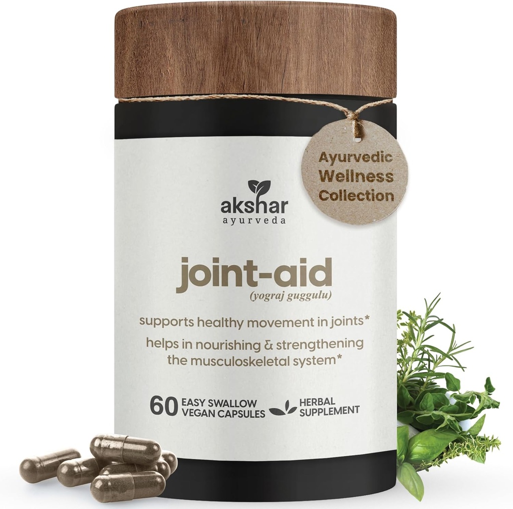 AKSHAR Ayurveda - Ajutor comun - Suport comun pentru plante indiene pentru ajutor de mobilitate ocazională de genunchi, spate, mâini - Vegan Cruzimea liber musculare și suplimente articulare (Pachet de 1 (60 Conte - A))