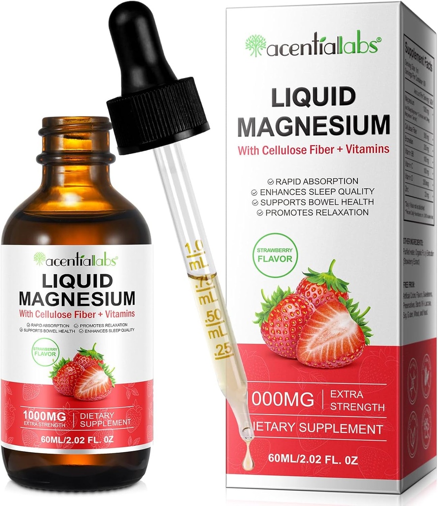 Magneziu Glicinat lichid,Lichid Magneziu 1000Mg, Picături de magneziu,Lichid Magneziu Supliment,cu celuloză Fibră, Vitamina B6, C, D, Zinc, Digestive Health,Promotii Relaxare,Nu Zahăr,2 Fl Oz