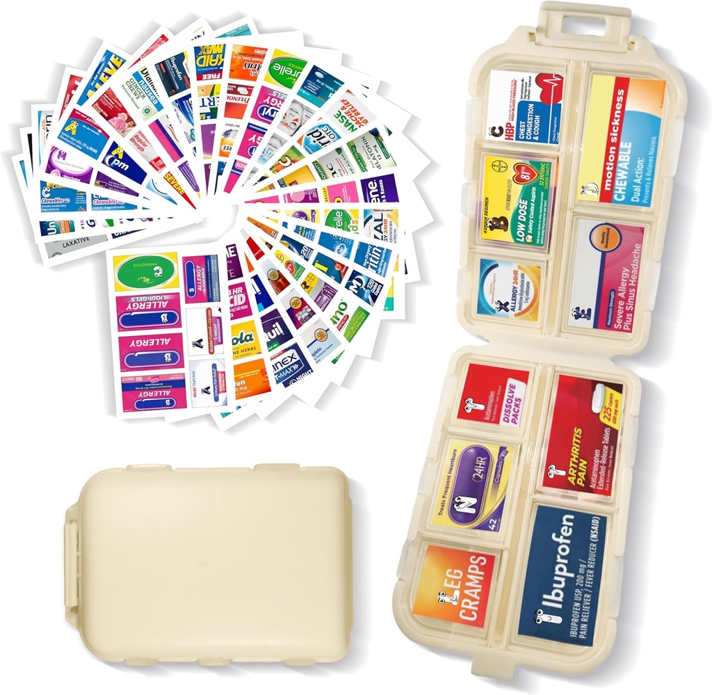 Organizator de pastile cu medicamente Etichete 161 Labels Travel Daily Pill Container Minimedicatie Organizator de depozitare Pilula Organizator de călătorie Essentials Pill Case 7 Day (Beige, 1 Pack)