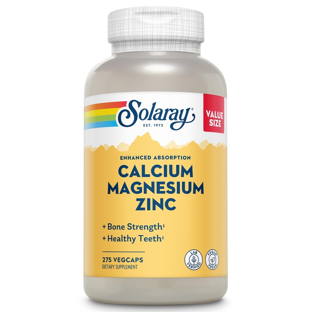 SOLARAY Magneziu de calciu Zinc Supliment - cu calciu 1000mg, magneziu 500mg - Bone Health, funcţie musculară, Heart Health and Immune Support - Vegan, 60 Day Guarantee, 68 Serviri, 275 VegCaps