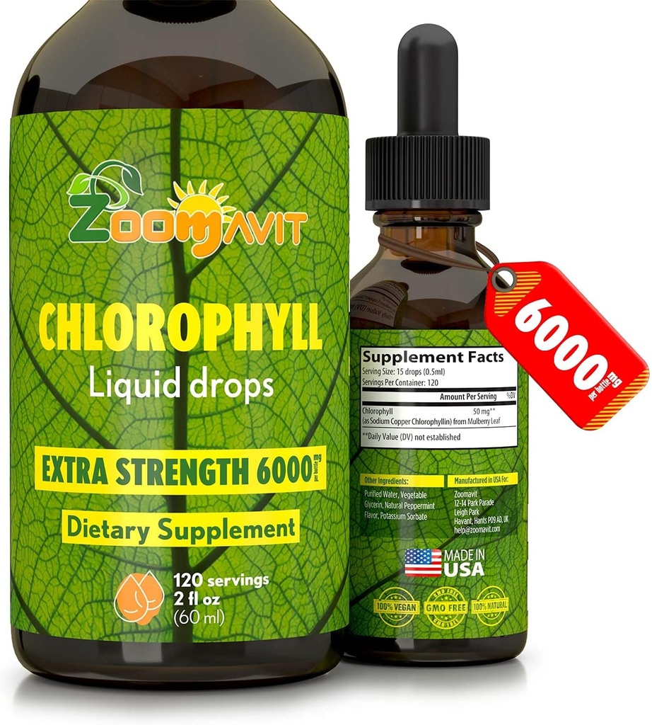 Clorofila lichid scade 100% Vegan organic - energie și sistem imunitar Booster Supliment cu aroma de menta pentru apă - Deodorant intern natural - Extra Putere 6000mg 120 Serviri