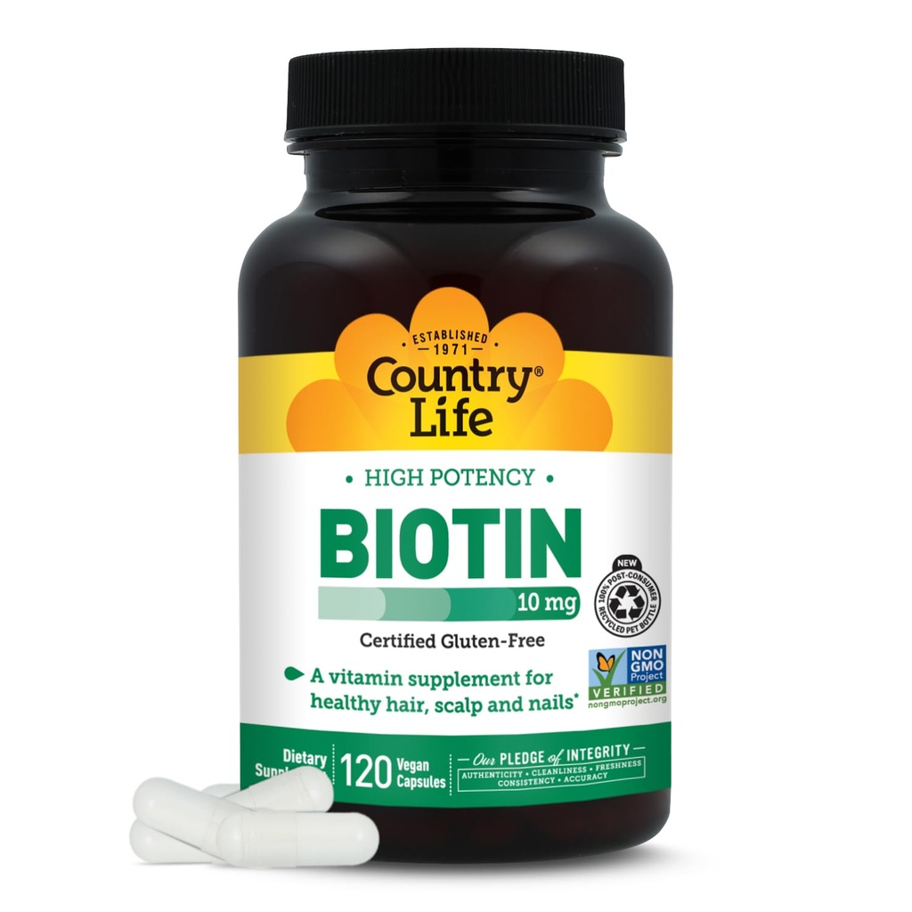 Country Life High-Potency Biotin 10mg - Vegan & Gluten-gratuit Biotin Supliment pentru piele si unghii, metabolice energetice - Biotin 10000mcg Capsule