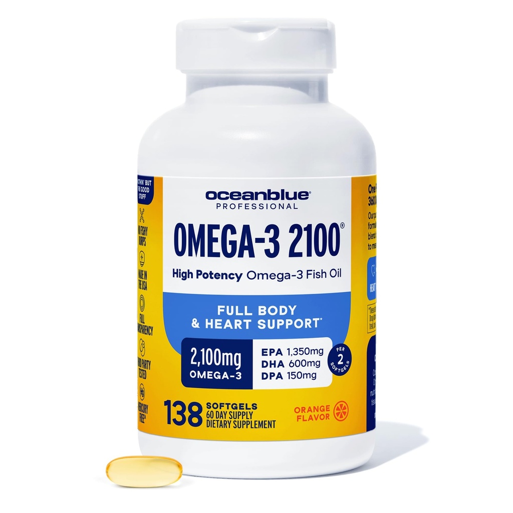 Oceanblue Professional Triple Putere Omega DPA Suplimente de ulei de pește 2100mg, Potency EPA DHA, Wild Caught, Burpless, 69 Serviri (138 Conte naturale Orange Flavor)