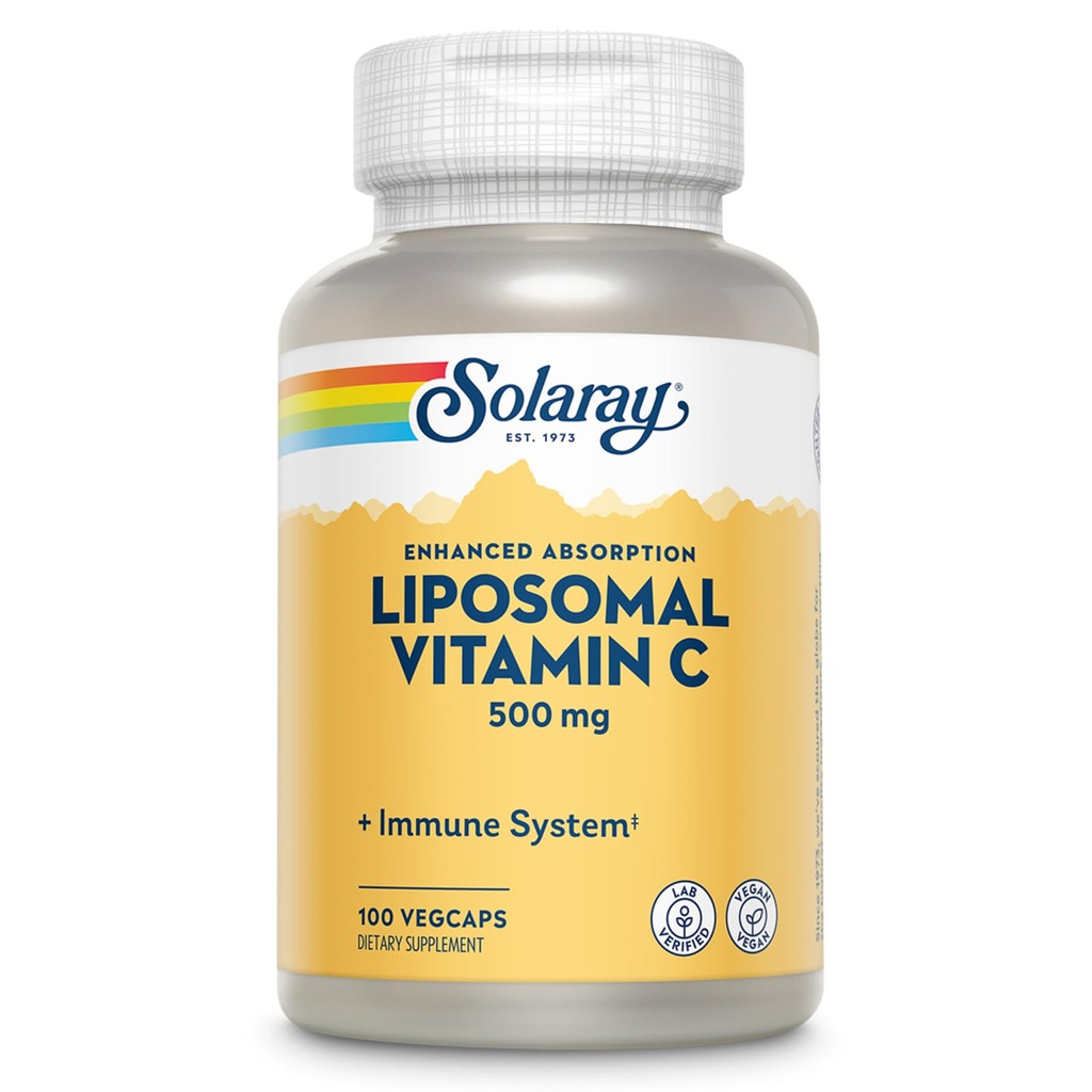 SOLARAY Liposomal Vitamina C 500mg - Imbunatatirea absorbtiei Vitamina C Blend lipozomal cu acizi grasi - Antioxidant si Supplement de suport imun - Vegan, 60 zile Garantie, 100 Serviri, 100 VegCaps