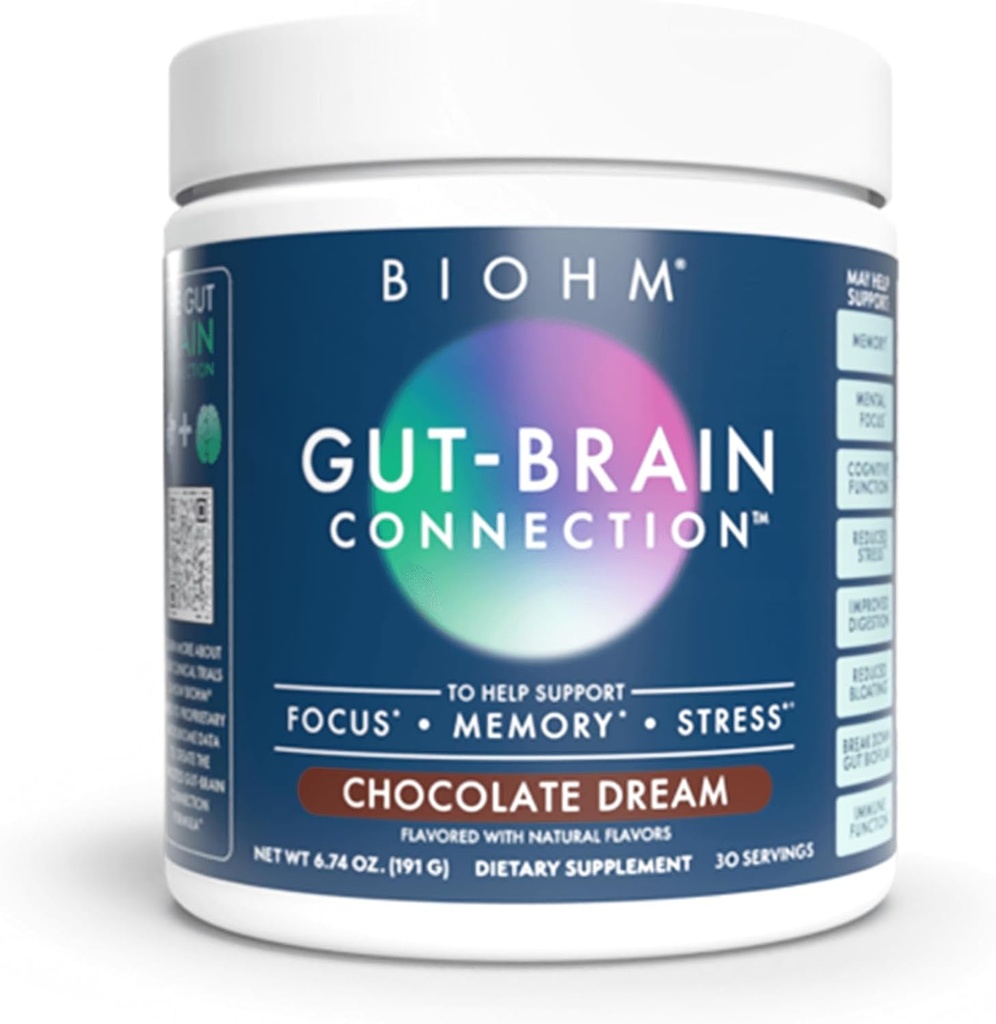 BIOHM Conexiune Gut-Brain Memorie & Focus Supliment (6,74 Oz, 30 Serviri) Sprijină Gut Health & Cognitive Well-Being, ajută la îmbunătățirea mood, Probiotice, Lion's Mane & Bacopa Monneiri, Ciocolată Flavor