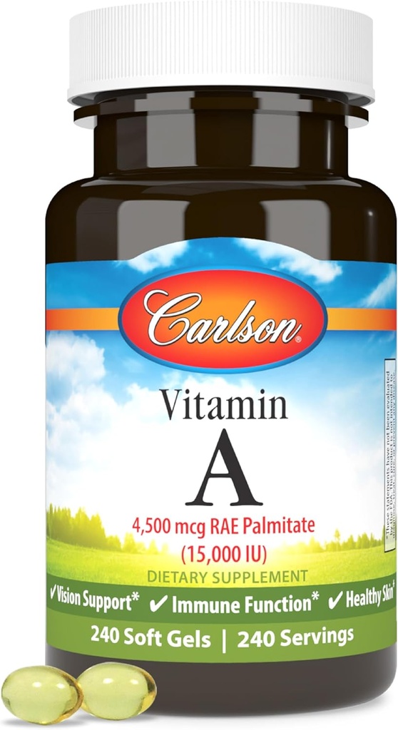 Carlson - Vitamina A, 15000 UI Palmitat (4500 μg RAE), Vision Health & Healthy Skin, Immune Function, 240 Softgels