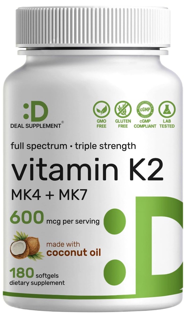 Suplement DEAL Vitamina K2 Supliment 600mcg, 180 nuci de cocos ulei Softgels 