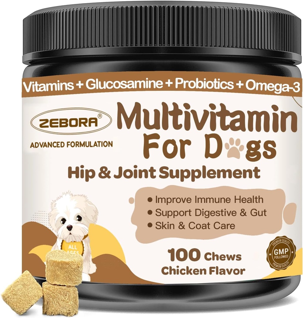 Câine Multivitamine cu minerale pentru sănătate generală - Vitamine de câine și suplimente cu glucosamină, Probiotice pentru cățeluș și câini de rang înalt cu minerale - Omega 3 ulei de pește pentru piele și haină - 100 Chews