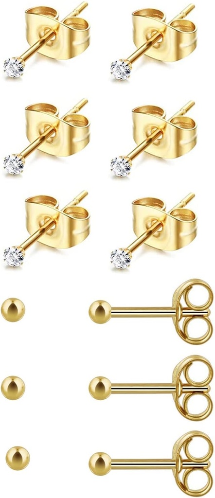 6Pairs 2mm/3mm Chirurgical Steel Hipoallerogene Perforare Studs, 20G 14K reale aur umplut cercei Stud set pentru mai multe găuri Piercing (Zirconia Cubică, Pearl, Ball)