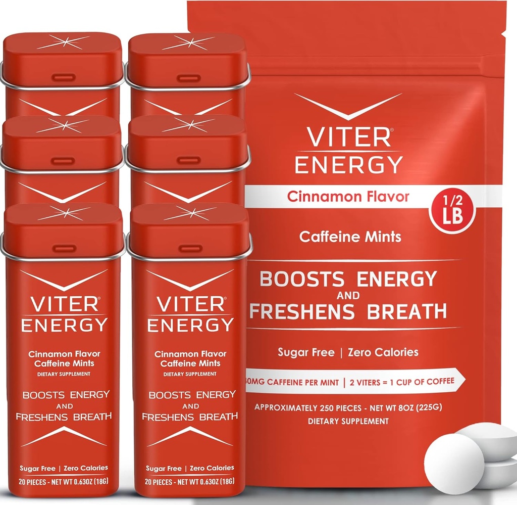 Viter Energy Original Cafeine Mints Cinnamon Flavor 6 Pack și 1/2 Pound Bulk Bag Bundle - 40mg Cafeina, B Vitamine, Sugar Free, Vegan, Booster energie puternic pentru focus și alertă
