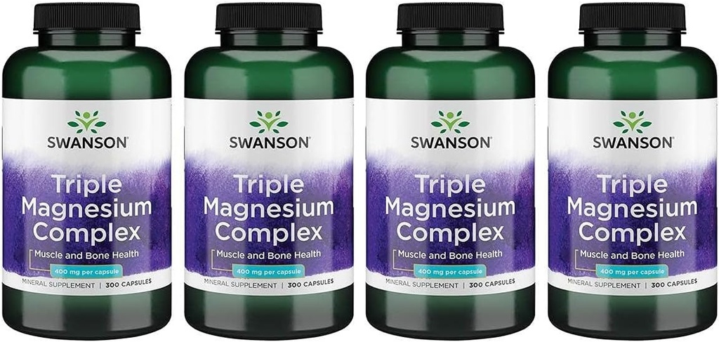 Swanson Triple Magneziu Complex - Supliment mineral - Suport natural - Cu citrat, oxid și aspartat - (300 capsule, 400 mg Fiecare, 4 cutii)