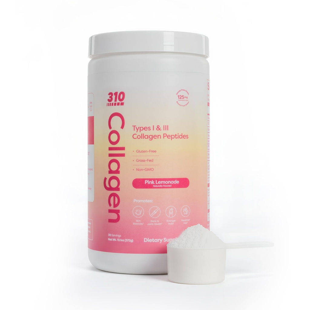 310 Nutriție Hidrolizată Colagen Peptides pulbere pentru femei și bărbați - Grass-Fed Colagen Supliment w/acid hialuronic, Resveratrol, vitamina C, D & E pentru piele, păr și unghii - 30 SRV roz Limonadă
