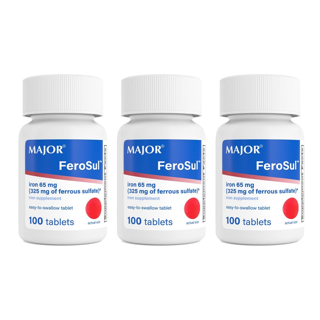 MAJOR Ferosul - Sulfat feros 325 mg comprimate cu 65 mg de fier elementar - Supliment de fier pentru femei, Barbati - rosu - 100 Conte (3 ambalaj)