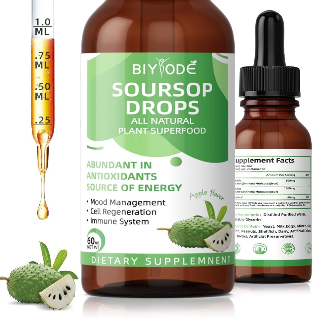 Soursop Graviola Picături lichide: 1800 mg Premium Antioxidant Suport pentru sănătatea imună Digestia Relaxare Somn Vegan Gluten gratuit Zahăr 1 Fl Oz 30 zi de aprovizionare