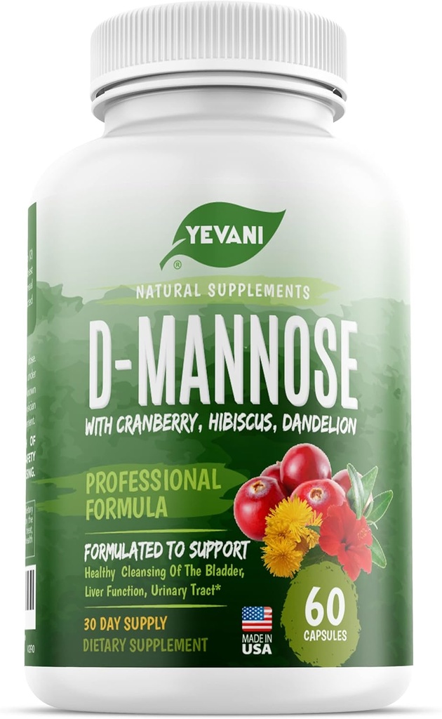 100% D-Mannose capsule pure 1000 mg cu Cranberry, Hibiscus, și extract de Dandelion, Formula rapidă de prevenire UTI profesionale pentru sănătate tract urinar și suport vezica urinară