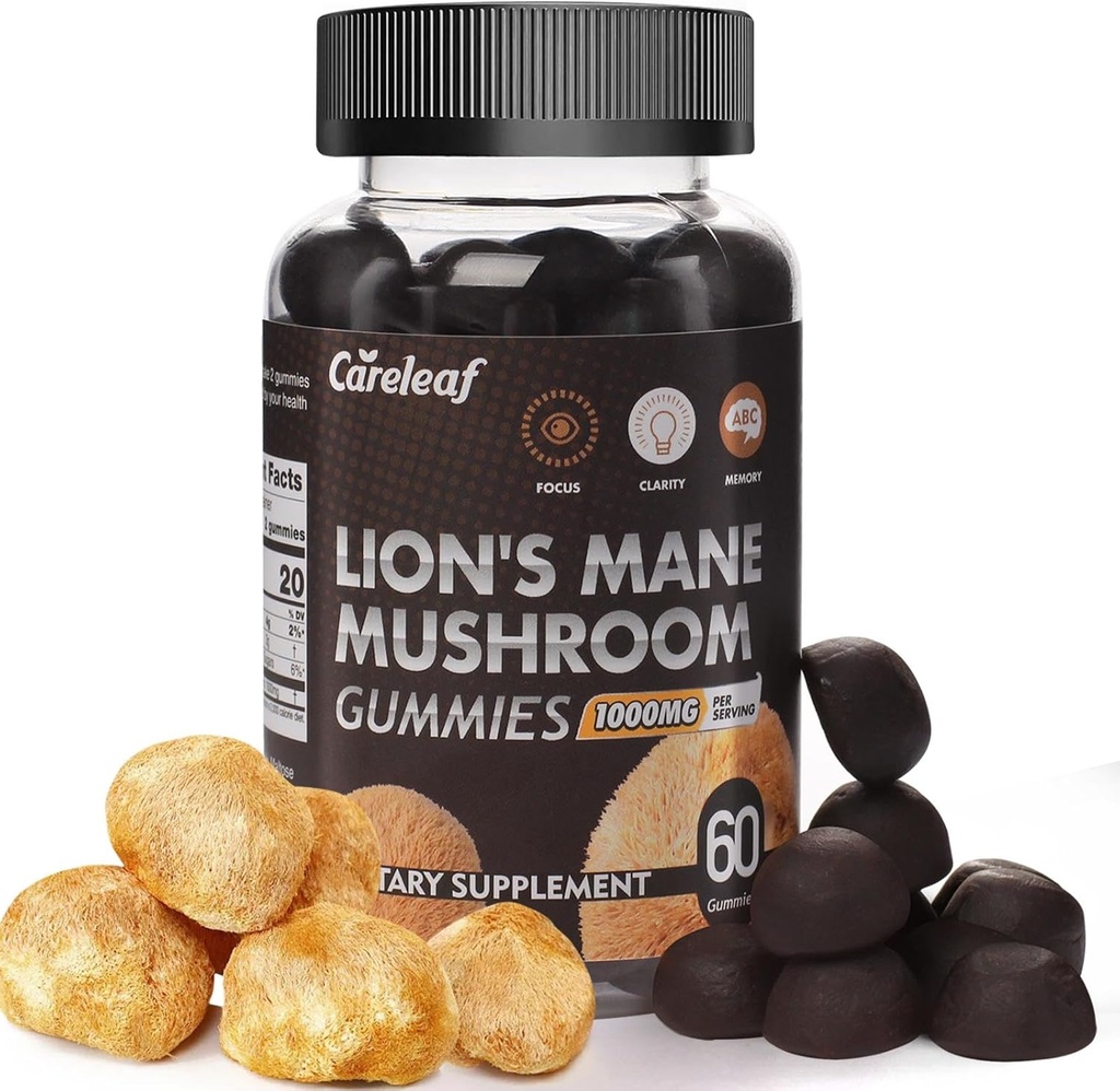 Lions Mane Mushroom Gummies for Nootrop Brain Supplement, Immune Supplement Mushroom Supplement Berrry Flavor 60 Count