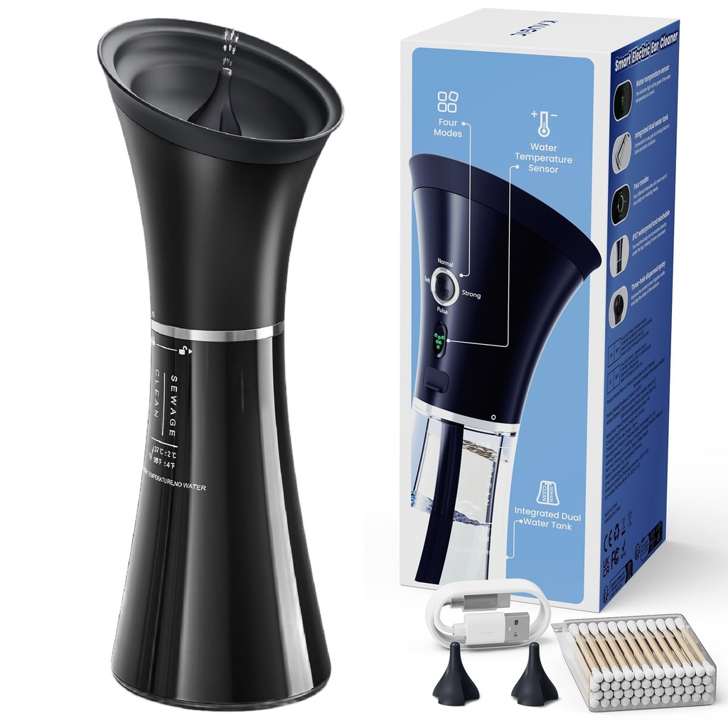 Upgraded ceara ureche îndepărtarea cu rezervor de deșeuri cu o singură bucată, Securizare sigură cu senzor de temperatură a apei, Kit eficient de irigare ureche & USB-A la C cablu, IPX7, negru
