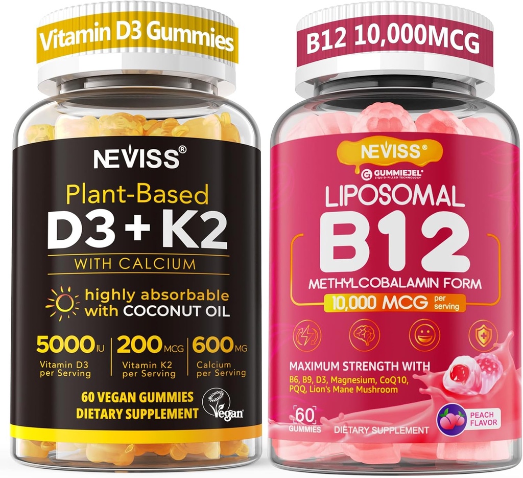 NEVASS 2Pack Vitamina D3 5000iu & K2 (sub formă de MK7) 200mcg Gummies + 600 mg Calciu + 1 ambalaj Metil lipozomal B12 5000 mcg/10000 mcg