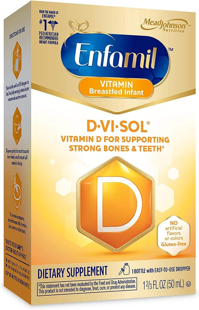 Enfamil D-Vi-Sol Vitamina D picături pentru sugari, susține oase puternice și dinți, gluten-free, ușor de utilizat flacon picurător 50 ml