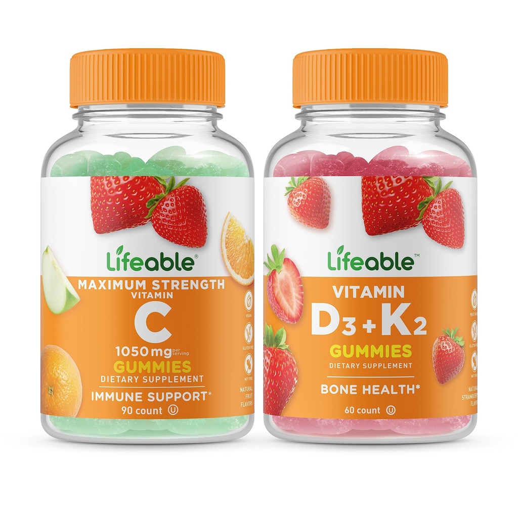 Vitamină vie C 1050mg + vitamina D3 + vitamina K2, Gummie Bundle - mare Tasting, Supliment de vitamine, Gluten gratuit, OMG gratuit, Gummy masticabil