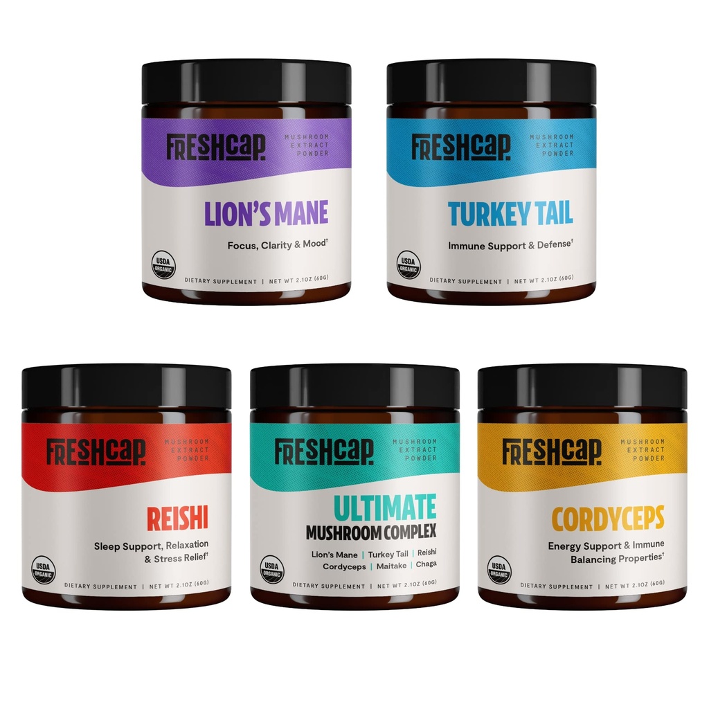 Ciuperci FreshCap Ultimate Mushroom Starter Kit (Cordyceps, Coama Leului, Coada Turciei, Reishi și Complexul Ultimate Mushroom) 60 Serviri