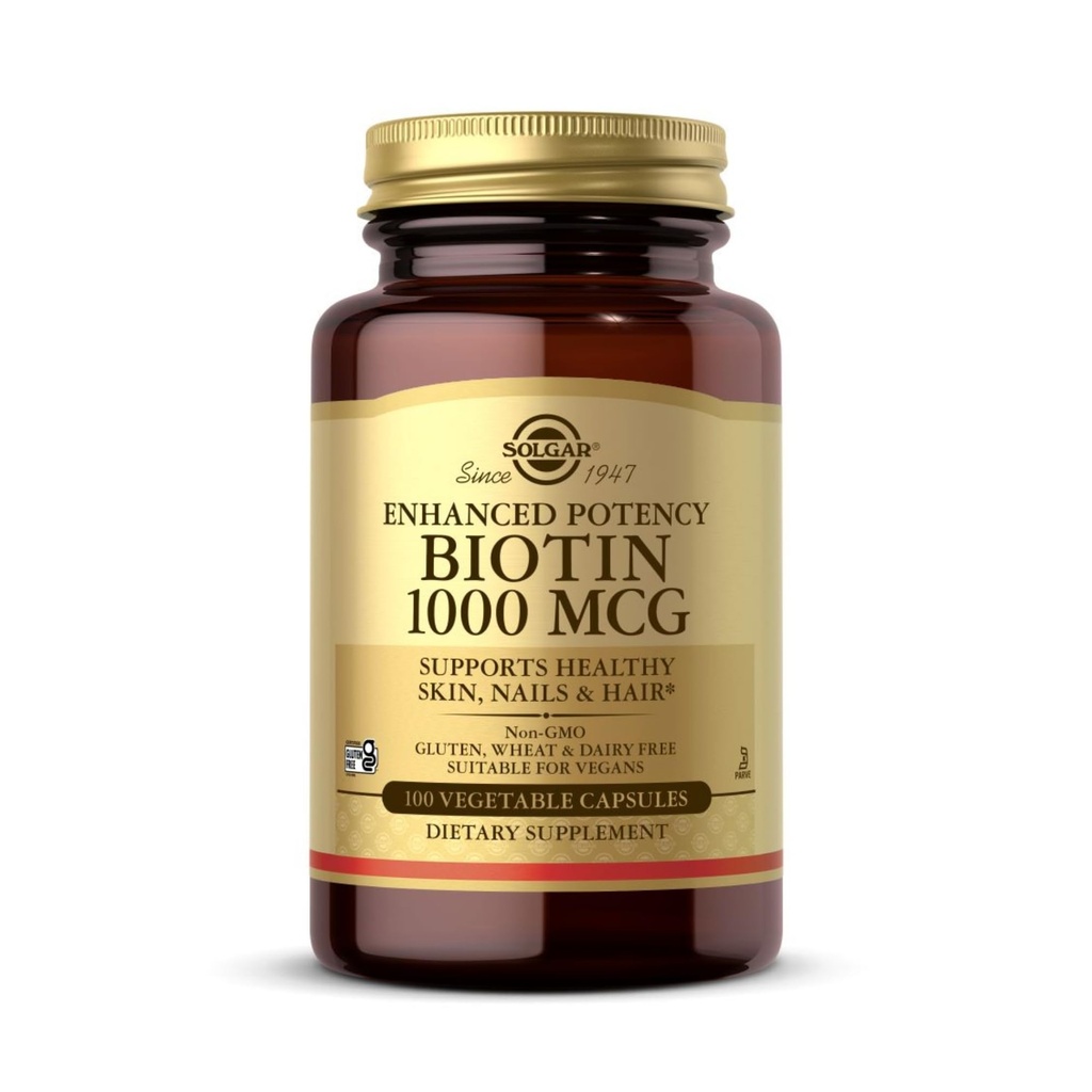 Solgar Biotin 1000 mcg - 100 Capsule vegetale - Suporturi Sanatos Piele, Nails & Hair - Non-GMO, Vegan, Gluten Free, Dairy Free, Kosher - 100 Serviri