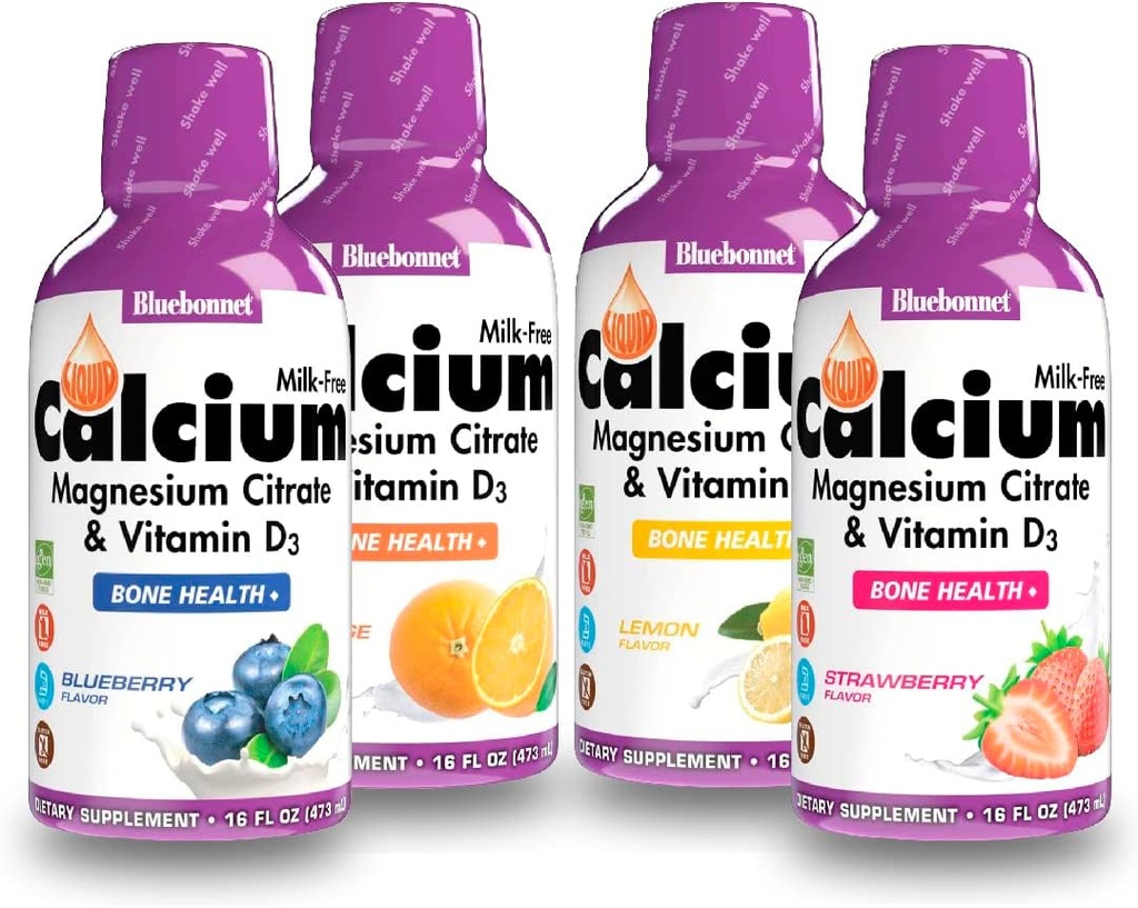 Bluebonnet Nutriție Liquid Calciu Citrat de magneziu Citrat, Vitamina D3, Bone Health - Bundle of Orange, Blueberry, Lemon and Strawberry Flavor, 4 Sticla de 16 Fl Oz Each (64 Fl Oz Total)