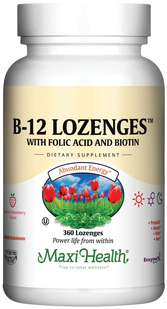 Maxi Health Vitamina B12 Lozenges cu acid folic și Biotin - Sublingual B12 Vitamine Aroma de căpșuni - Vegetarian Kosher B 12 Vitamină pentru producția de celule roșii de sânge și energie (surse 360)