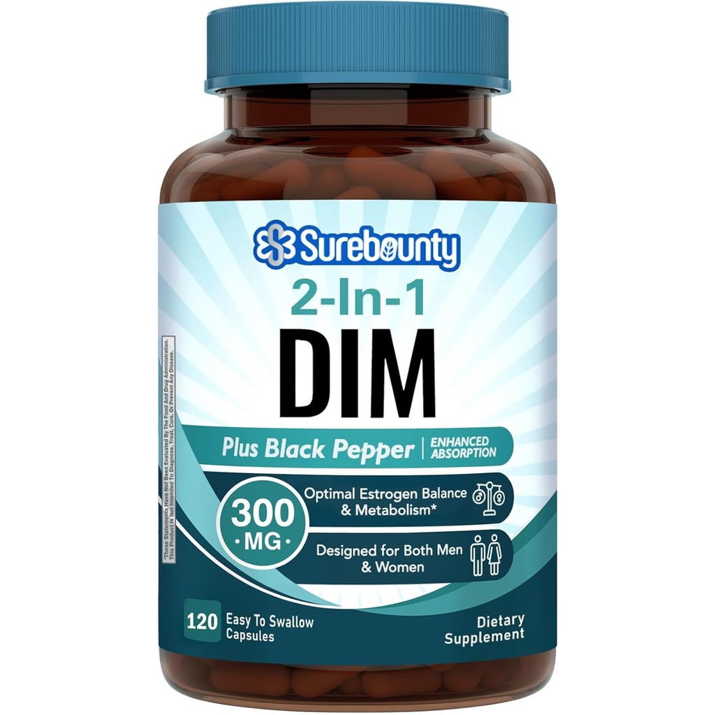 Suplimentul DIM 300mg pentru femei si barbati, Echilibrul estrogen & Metabolism, Echilibrul hormonal, Menopauza suport, Menopauza Mentinere energie, Absorbtie mare cu extract de piper negru, 120 Capace